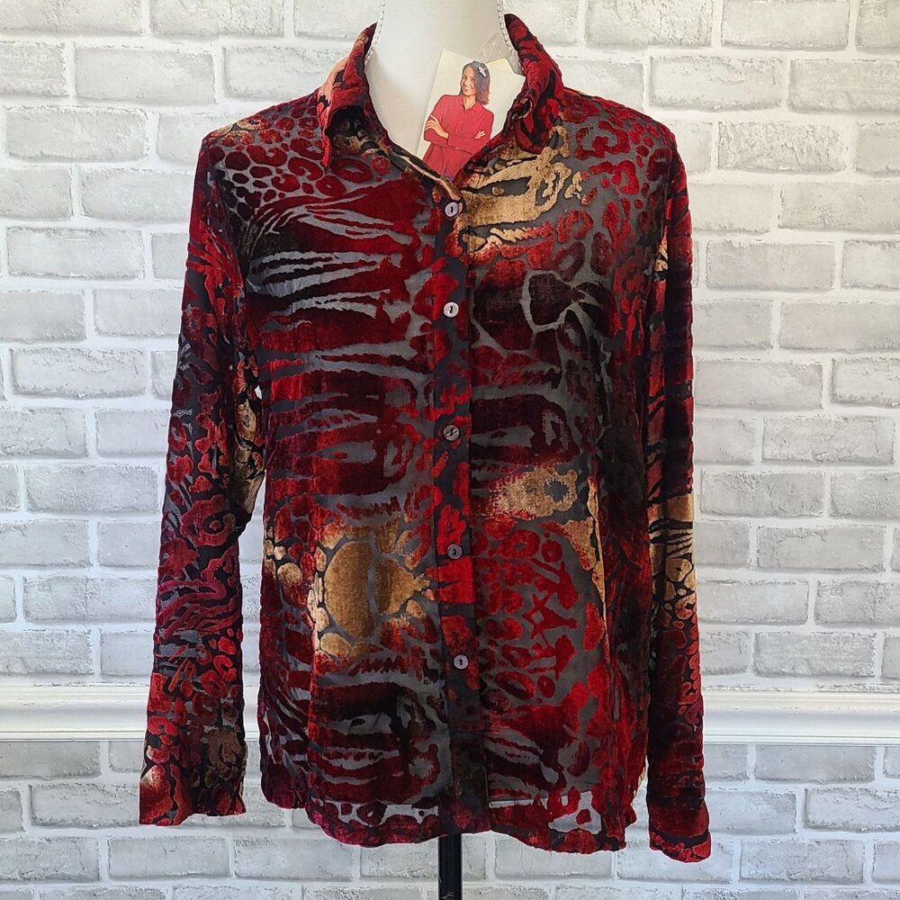 Vintage Y2K Velvet Burnout Long Sleeve Button Shirt NEW NOS Whimsigoth S Blouse